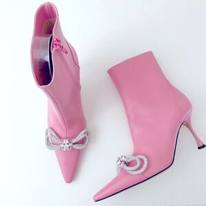 Mach & Mach Crystal Embellished Double Bow Barbie Pink Ankle Bootie